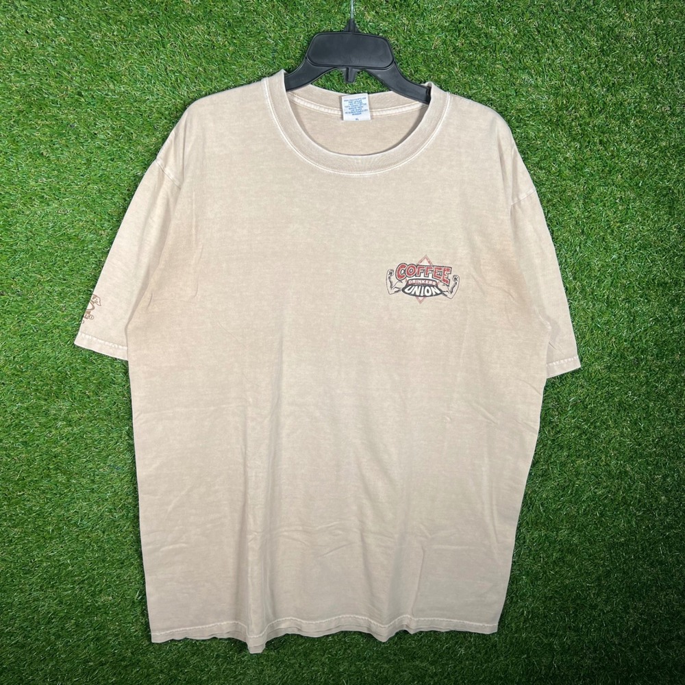 VTG Crazy‎ Shirts Coffee Drinkers Union Graphic T-Shirt Mens XL Tan Pigment Dye